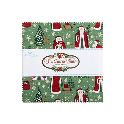 5" Charm Pack / Precut Squares from The Christmas Time fabric collection, designed by Dani Mogstad for Riley Blake Designs, features a classic, nostalgic holiday aesthetic. It highlights cozy winter scenes, delicate flora, vintage sleds, and traditional plaids. The prints come in three main background colorways: Linen, Tan, and Forest (a deep, rich green).