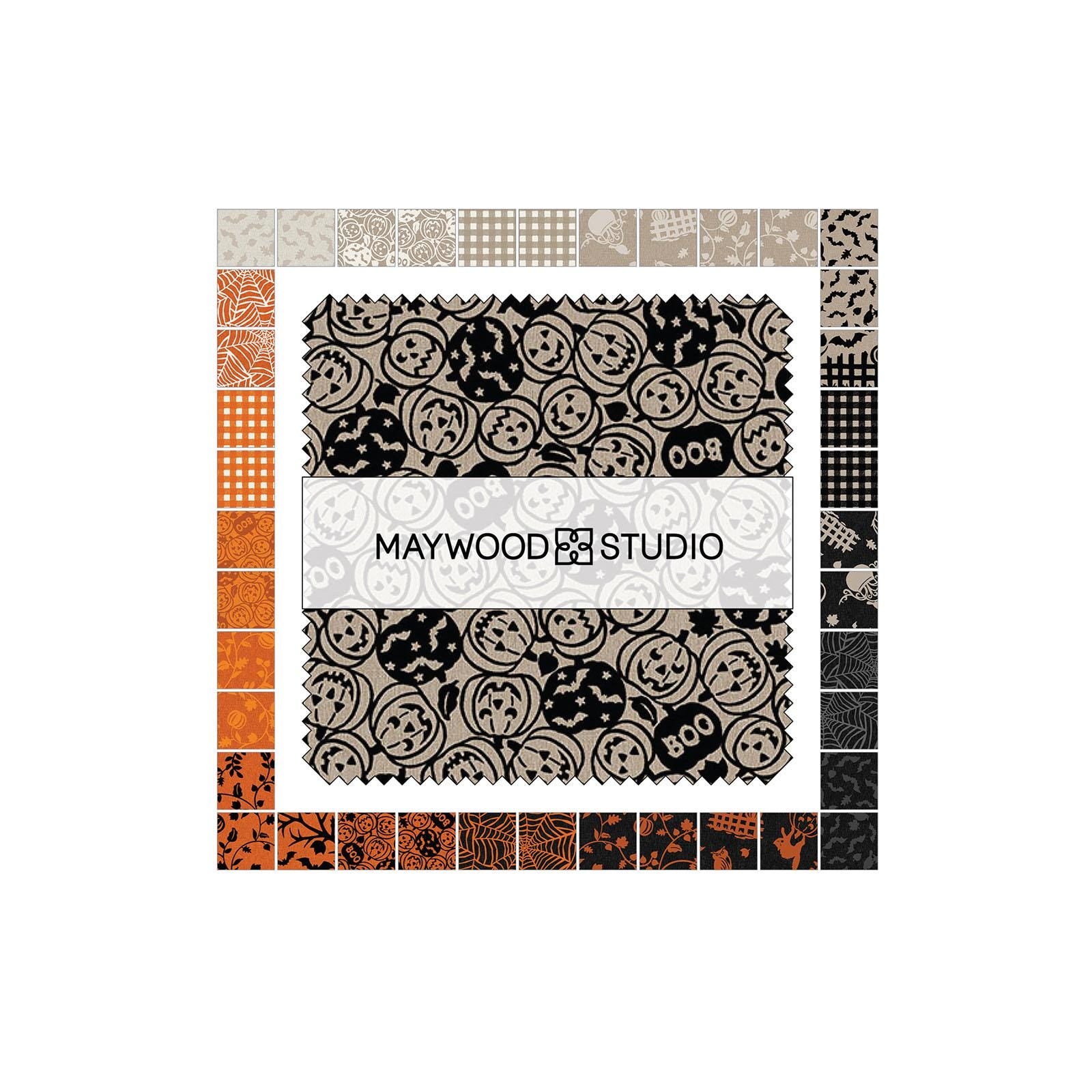 The Pumpkin Grove collection by Maywood Studio is a rustic, farmhouse-inspired Halloween fabric line featuring classic spooky motifs with textured backgrounds. The collection's color palette is black, cream, orange, tan, and grey. 
5" Charm Pack 42 pieces