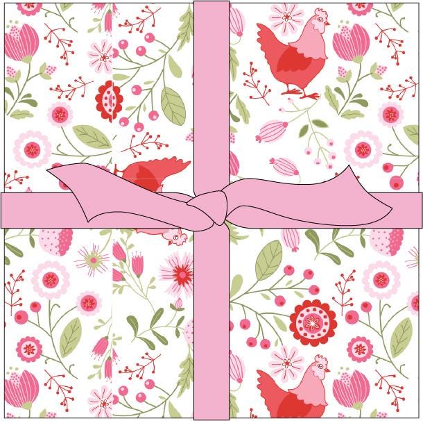 The Smitten Chicken collection by Lori Woods for Poppie Cotton is a cheerful, countryside-inspired fabric line. It features a lively color palette of red, pink, aqua, and white. It is ideal for quilts, kitchen projects, tea towels, and aprons.