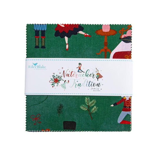 5" charm pack from The Nutcracker Tradition fabric collection is designed by Jennifer Long of Sew A Story for Riley Blake Designs. Inspired by the classic Christmas Eve ballet, this whimsical collection features nostalgic storybook illustrations, holiday motifs, and beloved characters like the Nutcracker, Clara, the Mouse King, and the Sugar Plum Fairy.