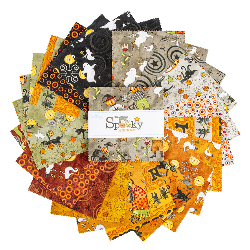 5" charm pack from the  Spooky fabric collection by Teresa Kogut for Riley Blake Designs is a whimsical, folk-art-inspired Halloween line featuring ghosts, cats, pumpkins, and a haunted aesthetic in a palette of tombstone gray, rusty oak, green, black, and orange.