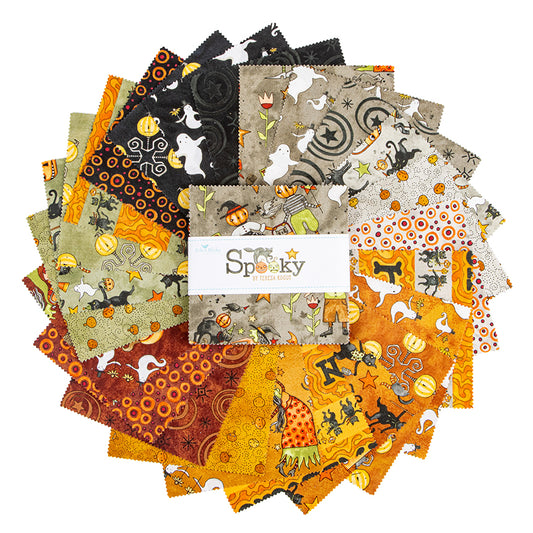 5" charm pack from the  Spooky fabric collection by Teresa Kogut for Riley Blake Designs is a whimsical, folk-art-inspired Halloween line featuring ghosts, cats, pumpkins, and a haunted aesthetic in a palette of tombstone gray, rusty oak, green, black, and orange.