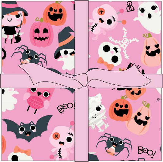 5" charm pack / precut squares from The Not Scary fabric collection by Jill & Rani for Poppie Cotton celebrates the lighter side of Halloween with a playful, vibrant, and delightfully charming vibe. Featuring a cheerful palette of soft pinks, vivid oranges, gentle greys, and deep greens, the line brings whimsical ghosts, witches, and friendly critters to your seasonal crafts