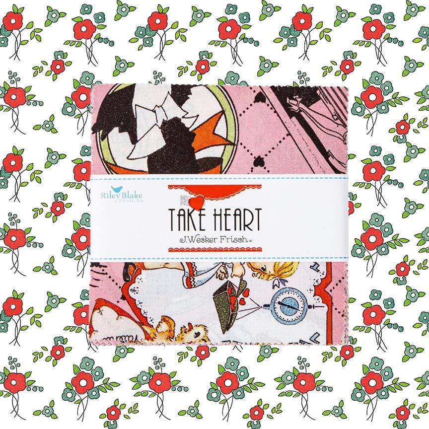 This 5" Charm Pack precut bundle includes 42 pieces from the Take Heart collection by J. Wecker Frisch for Riley Blake Designs. Each print will be included 1-2 times in the bundle.