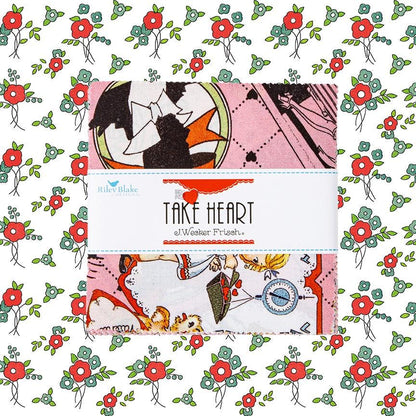 This 5" Charm Pack precut bundle includes 42 pieces from the Take Heart collection by J. Wecker Frisch for Riley Blake Designs. Each print will be included 1-2 times in the bundle.