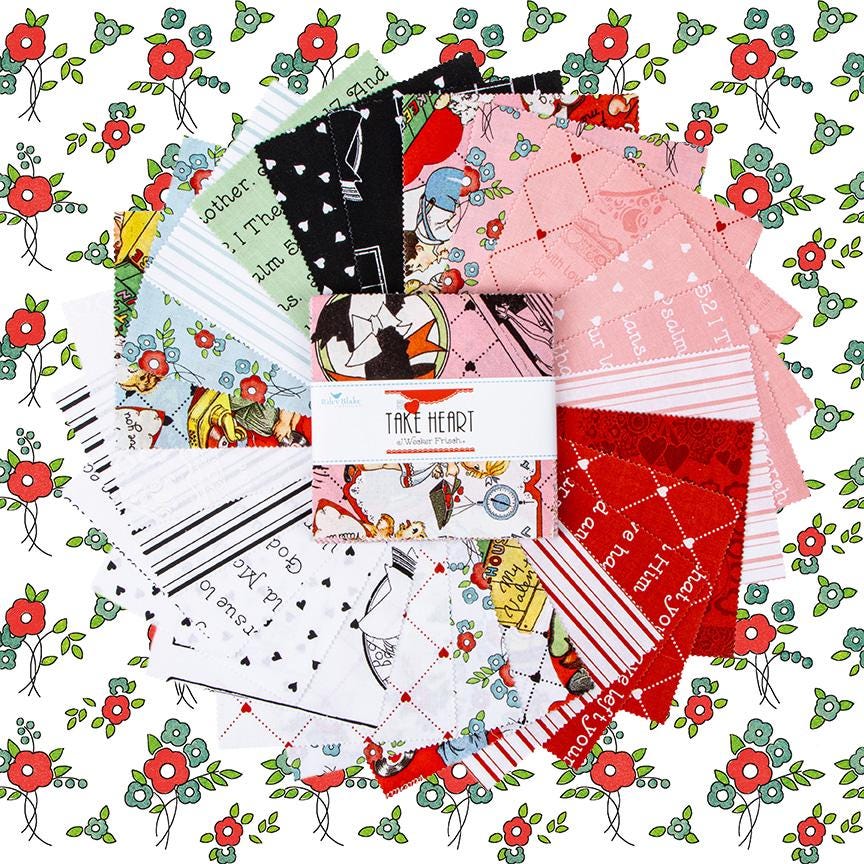 This 5" Charm Pack precut bundle includes 42 pieces from the Take Heart collection by J. Wecker Frisch for Riley Blake Designs. Each print will be included 1-2 times in the bundle.