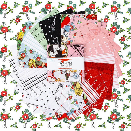 This 5" Charm Pack precut bundle includes 42 pieces from the Take Heart collection by J. Wecker Frisch for Riley Blake Designs. Each print will be included 1-2 times in the bundle.