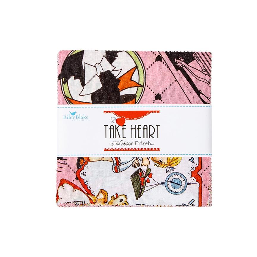 This 5" Charm Pack precut bundle includes 42 pieces from the Take Heart collection by J. Wecker Frisch for Riley Blake Designs. Each print will be included 1-2 times in the bundle.