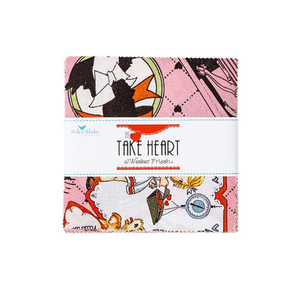 This 5" Charm Pack precut bundle includes 42 pieces from the Take Heart collection by J. Wecker Frisch for Riley Blake Designs. Each print will be included 1-2 times in the bundle.