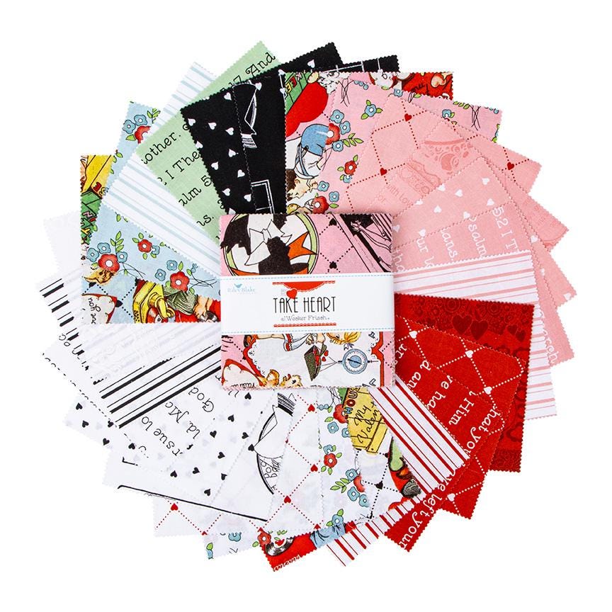 This 5" Charm Pack precut bundle includes 42 pieces from the Take Heart collection by J. Wecker Frisch for Riley Blake Designs. Each print will be included 1-2 times in the bundle.