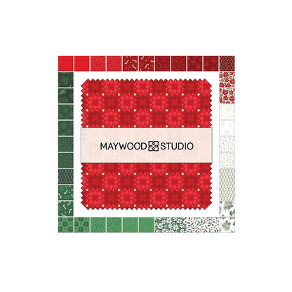 5 inch charm pack includes 42 pieces, patterns repeated from The Merry Mix collection by Maywood Studio, 100% cotton,  features a classic Christmas color palette of snow white, berry red, and holly green. It is characterized by nostalgic holiday motifs, prancing reindeer, and florals, all elevated with shimmering metallic gold and silver accent