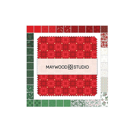 5 inch charm pack includes 42 pieces, patterns repeated from The Merry Mix collection by Maywood Studio, 100% cotton,  features a classic Christmas color palette of snow white, berry red, and holly green. It is characterized by nostalgic holiday motifs, prancing reindeer, and florals, all elevated with shimmering metallic gold and silver accent