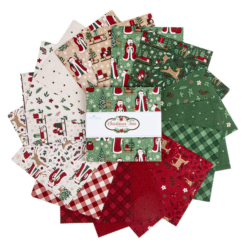 5" Charm Pack / Precut Squares from The Christmas Time fabric collection, designed by Dani Mogstad for Riley Blake Designs, features a classic, nostalgic holiday aesthetic. It highlights cozy winter scenes, delicate flora, vintage sleds, and traditional plaids. The prints come in three main background colorways: Linen, Tan, and Forest (a deep, rich green).