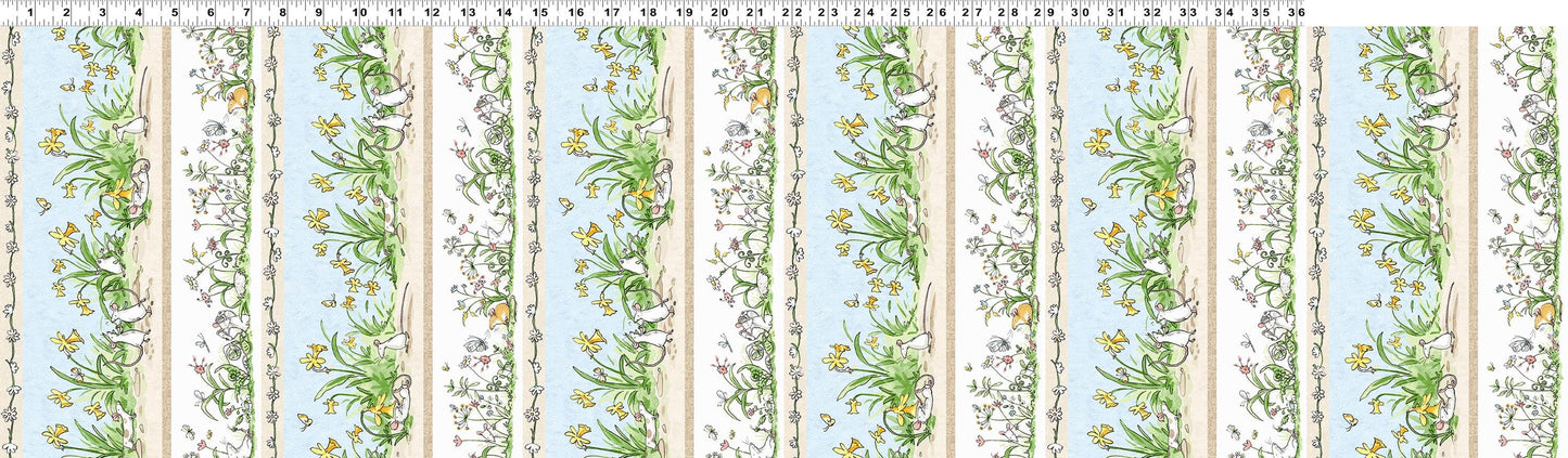 Illustrated cotton fabric of baby mice in a meadow, floral and leaf designs on a white background