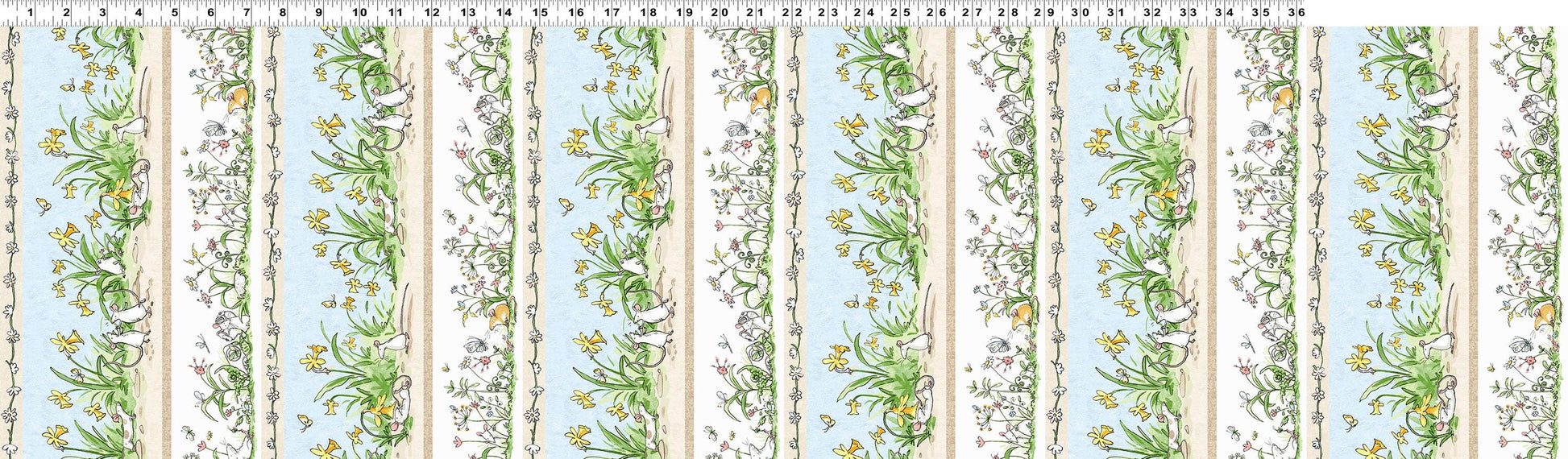 Illustrated cotton fabric of baby mice in a meadow, floral and leaf designs on a white background