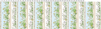 Illustrated cotton fabric of baby mice in a meadow, floral and leaf designs on a white background