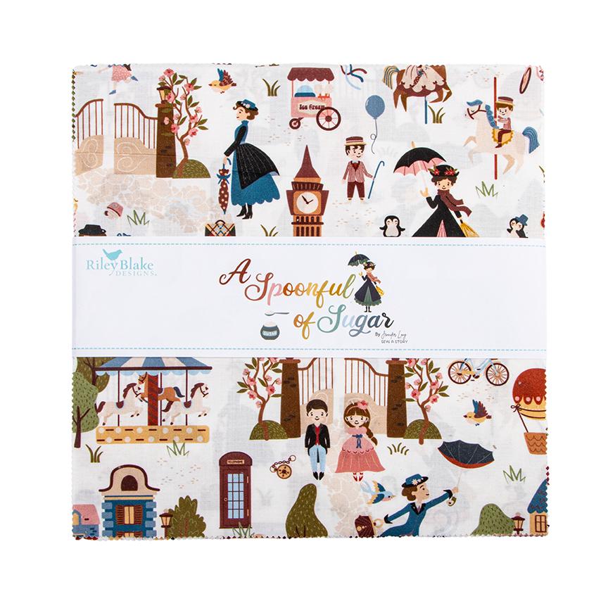 A Spoonful of Sugar by Jennifer Long of Sew A Story for Riley Blake Designs. The A Spoonful of Sugar fabric collection is a whimsical, story-filled line inspired by the timeless magic of Mary Poppins. Collection captures the nostalgia, warmth, and imaginative wonder of childhood adventures and classic London whimsy. Features iconic imagery including carousel horses, kites, charming village/park scenes, teapots, sugar bowls, teacups, birds, and lace parasols. Fabrics are a balanced mix of corals, warm creams