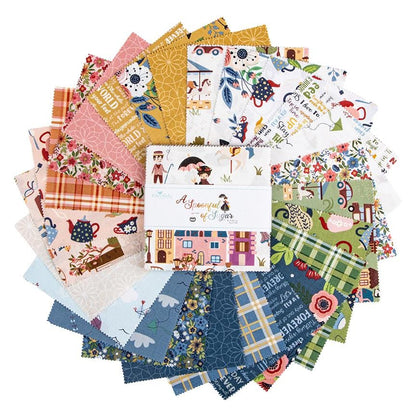 A Spoonful of Sugar by Jennifer Long of Sew A Story for Riley Blake Designs. The A Spoonful of Sugar fabric collection is a whimsical, story-filled line inspired by the timeless magic of Mary Poppins. Collection captures the nostalgia, warmth, and imaginative wonder of childhood adventures and classic London whimsy. Features iconic imagery including carousel horses, kites, charming village/park scenes, teapots, sugar bowls, teacups, birds, and lace parasols. Fabrics are a balanced mix of corals, warm creams