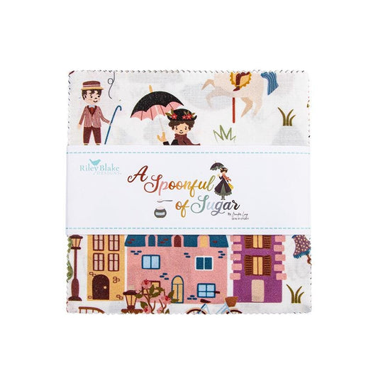 A Spoonful of Sugar by Jennifer Long of Sew A Story for Riley Blake Designs. The A Spoonful of Sugar fabric collection is a whimsical, story-filled line inspired by the timeless magic of Mary Poppins. Collection captures the nostalgia, warmth, and imaginative wonder of childhood adventures and classic London whimsy. Features iconic imagery including carousel horses, kites, charming village/park scenes, teapots, sugar bowls, teacups, birds, and lace parasols. Fabrics are a balanced mix of corals, warm creams