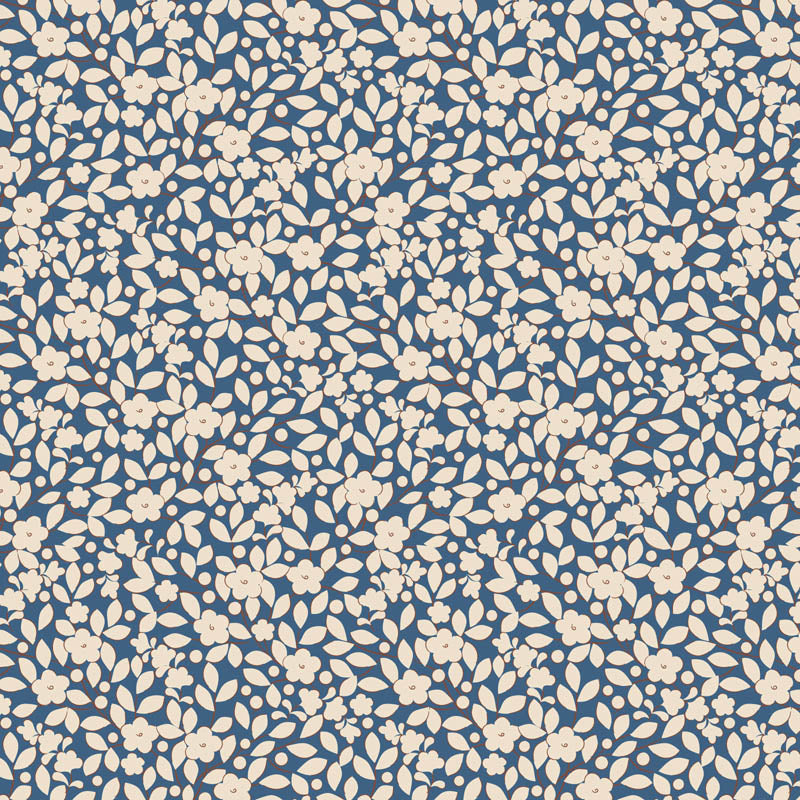 Pattern Avery Blue (130126): A light blue background covered with a delicate "ditsy" floral print from The Tilda "Creating Memories" Summer & Ocean Blues collection is designed by Tone Finnanger, featuring a curated selection of 16 fabrics (a mix of prints and wovens) inspired by the sea and summer days. The collection emphasizes blues, white, and hints of ginger/saffron, characterized by small-scale designs like ditsy flowers, stripes, and dots.