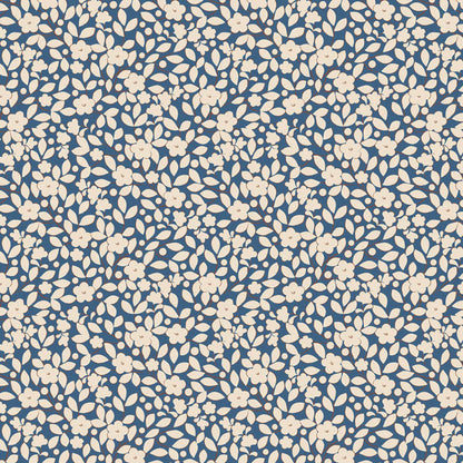 Pattern Avery Blue (130126): A light blue background covered with a delicate "ditsy" floral print from The Tilda "Creating Memories" Summer & Ocean Blues collection is designed by Tone Finnanger, featuring a curated selection of 16 fabrics (a mix of prints and wovens) inspired by the sea and summer days. The collection emphasizes blues, white, and hints of ginger/saffron, characterized by small-scale designs like ditsy flowers, stripes, and dots.