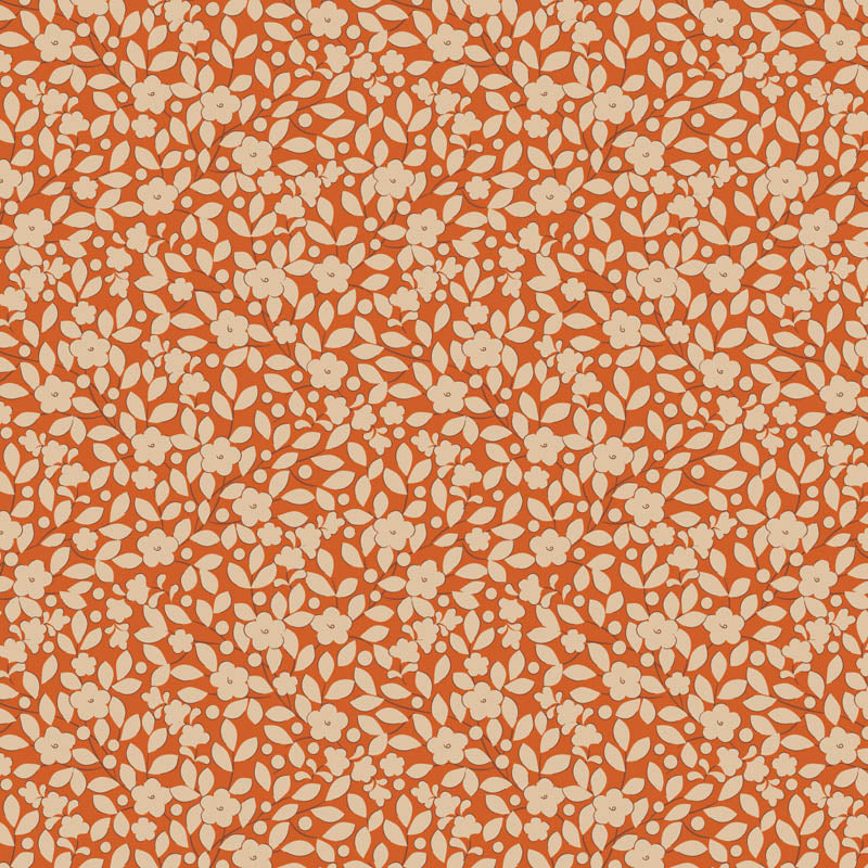 pattern Avery Ginger: A warm, ginger-colored fabric with delicate floral or small motif print from The Tilda Creating Memories Autumn collection (part of the Seasonal Basics range) features 16 small-patterned fabrics in warm tones of ginger, saffron, brown, and rust, with touches of blue-grey and khaki. Designed by Tone Finnanger, the collection blends 9 printed and 7 woven cotton designs—including dainty florals, delicate stripes, and timeless plaids—ideal for quilting, softies, and  crafting.