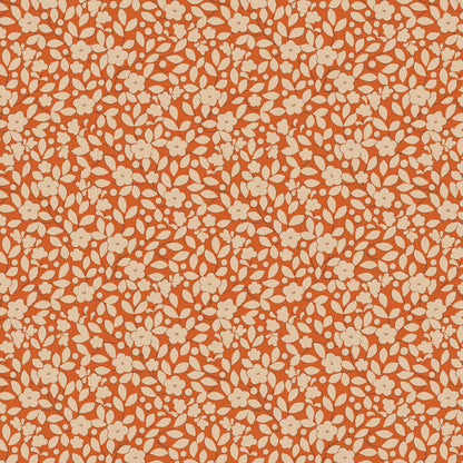 pattern Avery Ginger: A warm, ginger-colored fabric with delicate floral or small motif print from The Tilda Creating Memories Autumn collection (part of the Seasonal Basics range) features 16 small-patterned fabrics in warm tones of ginger, saffron, brown, and rust, with touches of blue-grey and khaki. Designed by Tone Finnanger, the collection blends 9 printed and 7 woven cotton designs—including dainty florals, delicate stripes, and timeless plaids—ideal for quilting, softies, and  crafting.