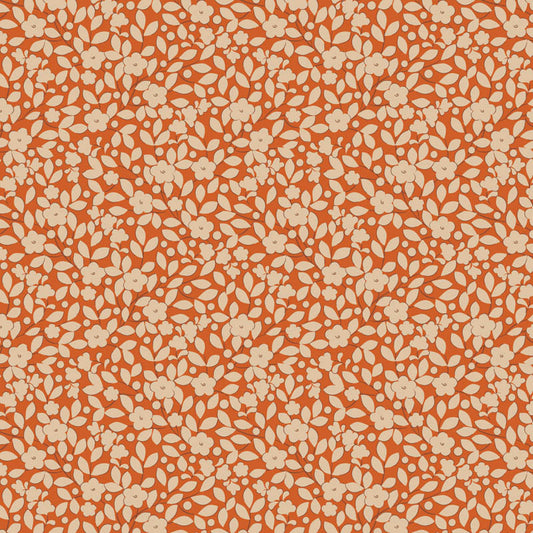 pattern Avery Ginger: A warm, ginger-colored fabric with delicate floral or small motif print from The Tilda Creating Memories Autumn collection (part of the Seasonal Basics range) features 16 small-patterned fabrics in warm tones of ginger, saffron, brown, and rust, with touches of blue-grey and khaki. Designed by Tone Finnanger, the collection blends 9 printed and 7 woven cotton designs—including dainty florals, delicate stripes, and timeless plaids—ideal for quilting, softies, and  crafting.