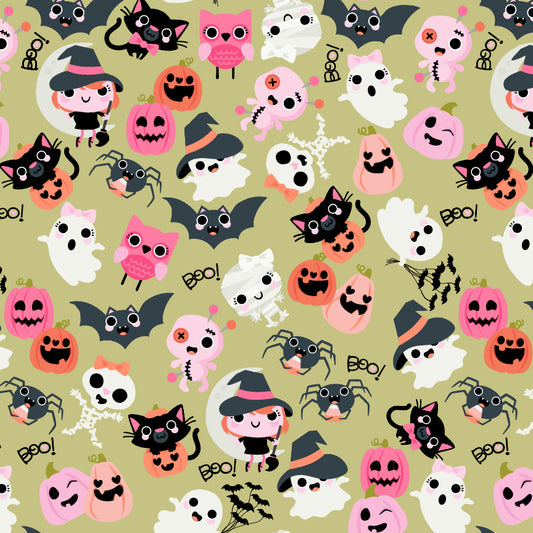 Pattern Boos With Bows: A whimsical, repeating pattern of happy ghosts wearing little hair bows, Background Colors: Pink, Grey, and White/Cream from The Not Scary fabric collection by Jill & Rani for Poppie Cotton celebrates the lighter side of Halloween with a playful, vibrant, and delightfully charming vibe. Featuring a cheerful palette of soft pinks, vivid oranges, gentle greys, and deep greens, the line brings whimsical ghosts, witches, and friendly critters to your seasonal crafts
