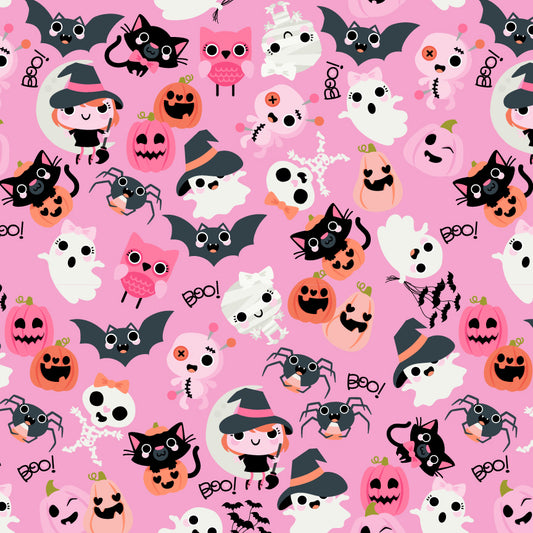 Pattern Boos With Bows: A whimsical, repeating pattern of happy ghosts wearing little hair bows, Background Colors: Pink, Grey, and White/Cream from The Not Scary fabric collection by Jill & Rani for Poppie Cotton celebrates the lighter side of Halloween with a playful, vibrant, and delightfully charming vibe. Featuring a cheerful palette of soft pinks, vivid oranges, gentle greys, and deep greens, the line brings whimsical ghosts, witches, and friendly critters to your seasonal crafts