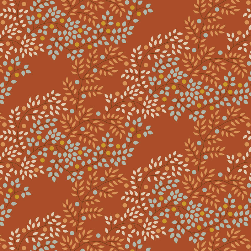 pattern Berrytangle Copper: A print likely featuring vines or berry motifs in copper tones from The Tilda Creating Memories Autumn collection (part of the Seasonal Basics range) features 16 small-patterned fabrics in warm tones of ginger, saffron, brown, and rust, with touches of blue-grey and khaki. Designed by Tone Finnanger, the collection blends 9 printed and 7 woven cotton designs—including dainty florals, delicate stripes, and timeless plaids—ideal for quilting, softies, and  crafting.