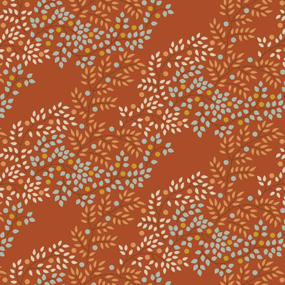 pattern Berrytangle Copper: A print likely featuring vines or berry motifs in copper tones from The Tilda Creating Memories Autumn collection (part of the Seasonal Basics range) features 16 small-patterned fabrics in warm tones of ginger, saffron, brown, and rust, with touches of blue-grey and khaki. Designed by Tone Finnanger, the collection blends 9 printed and 7 woven cotton designs—including dainty florals, delicate stripes, and timeless plaids—ideal for quilting, softies, and  crafting.