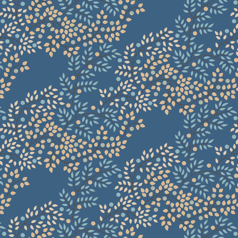 Pattern Berrytangle Prussian (130140): A detailed, tangled botanical pattern featuring delicate branches and berries in a deep, rich Prussian blue from The Tilda "Creating Memories" Summer & Ocean Blues collection is designed by Tone Finnanger, featuring a curated selection of 16 fabrics (a mix of prints and wovens) inspired by the sea and summer days. The collection emphasizes blues, white, and hints of ginger/saffron, characterized by small-scale designs like ditsy flowers, stripes, and dots.
