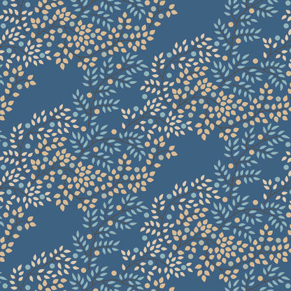 Pattern Berrytangle Prussian (130140): A detailed, tangled botanical pattern featuring delicate branches and berries in a deep, rich Prussian blue from The Tilda "Creating Memories" Summer & Ocean Blues collection is designed by Tone Finnanger, featuring a curated selection of 16 fabrics (a mix of prints and wovens) inspired by the sea and summer days. The collection emphasizes blues, white, and hints of ginger/saffron, characterized by small-scale designs like ditsy flowers, stripes, and dots.