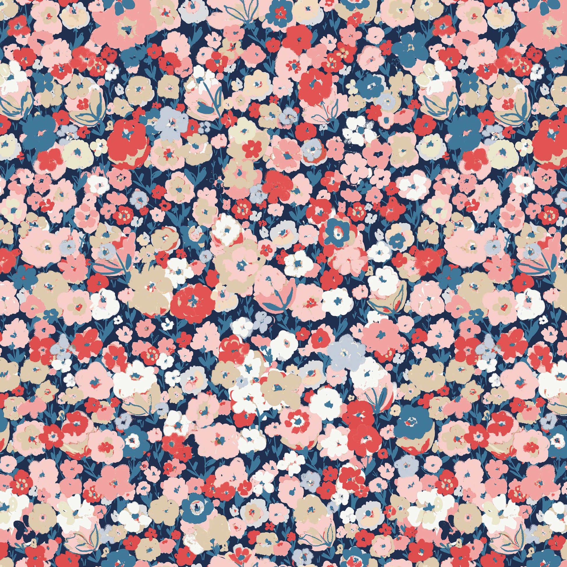 This pattern is bloom confetti from The Jubilant fabric collection, which is a summer-theme inspired by outdoor picnics and vintage celebration. Collection offers color of navy, red, blue, sand, cream with patterns Bold Florals: Inspired by summer gardens and vintage charm. Classic Gingham: Traditional checked patterns suitable for picnic-themed projects. Sweet Cherries: Playful fruit motifs that emphasize the summer theme. Dots and Spots: Geometric accents to complement the larger focal prints.