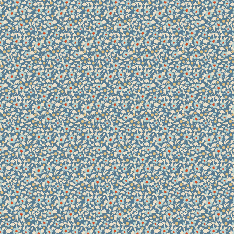 Pattern Brie Blue (130137/1.5.5): Another ditsy floral print designed for a subtle look from The Tilda "Creating Memories" Summer & Ocean Blues collection is designed by Tone Finnanger, featuring a curated selection of 16 fabrics (a mix of prints and wovens) inspired by the sea and summer days. The collection emphasizes blues, white, and hints of ginger/saffron, characterized by small-scale designs like ditsy flowers, stripes, and dots.