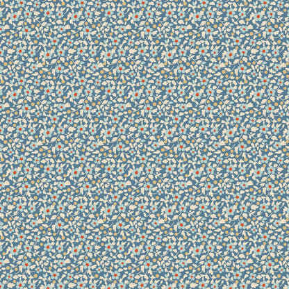 Pattern Brie Blue (130137/1.5.5): Another ditsy floral print designed for a subtle look from The Tilda "Creating Memories" Summer & Ocean Blues collection is designed by Tone Finnanger, featuring a curated selection of 16 fabrics (a mix of prints and wovens) inspired by the sea and summer days. The collection emphasizes blues, white, and hints of ginger/saffron, characterized by small-scale designs like ditsy flowers, stripes, and dots.