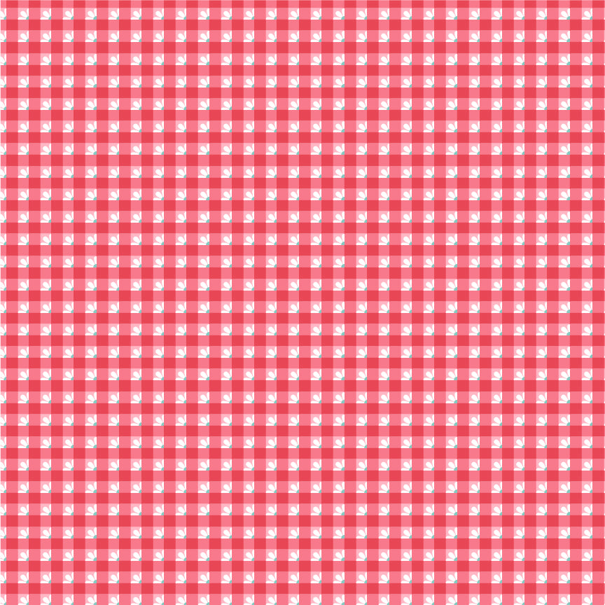 fabric pattern Check-a-Roo: A classic, peppy checkered/gingham pattern. Available in Red, Pink, and Aqua colorways  from the The Smitten Chicken collection by Lori Woods for Poppie Cotton is a cheerful, countryside-inspired fabric line. It features a lively color palette of red, pink, aqua, and white. It is ideal for quilts, kitchen projects, tea towels, and aprons