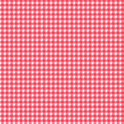 fabric pattern Check-a-Roo: A classic, peppy checkered/gingham pattern. Available in Red, Pink, and Aqua colorways  from the The Smitten Chicken collection by Lori Woods for Poppie Cotton is a cheerful, countryside-inspired fabric line. It features a lively color palette of red, pink, aqua, and white. It is ideal for quilts, kitchen projects, tea towels, and aprons