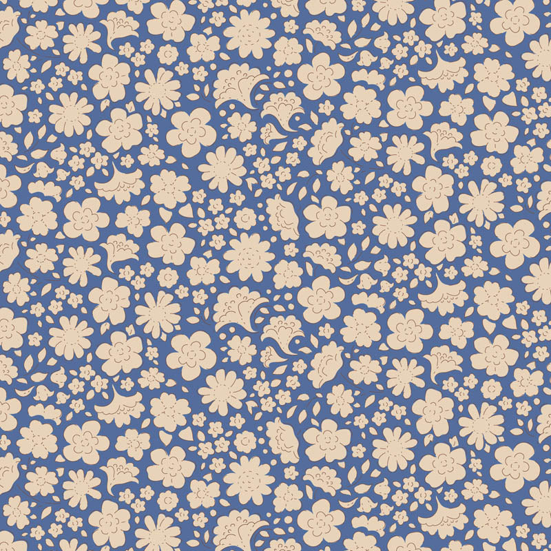 Pattern Carla Blue (130134/1.5.5): A simple, classic white ditsy flower pattern on a blue background from The Tilda "Creating Memories" Summer & Ocean Blues collection is designed by Tone Finnanger, featuring a curated selection of 16 fabrics (a mix of prints and wovens) inspired by the sea and summer days. The collection emphasizes blues, white, and hints of ginger/saffron, characterized by small-scale designs like ditsy flowers, stripes, and dots.