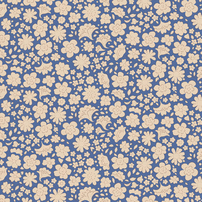 Pattern Carla Blue (130134/1.5.5): A simple, classic white ditsy flower pattern on a blue background from The Tilda "Creating Memories" Summer & Ocean Blues collection is designed by Tone Finnanger, featuring a curated selection of 16 fabrics (a mix of prints and wovens) inspired by the sea and summer days. The collection emphasizes blues, white, and hints of ginger/saffron, characterized by small-scale designs like ditsy flowers, stripes, and dots.