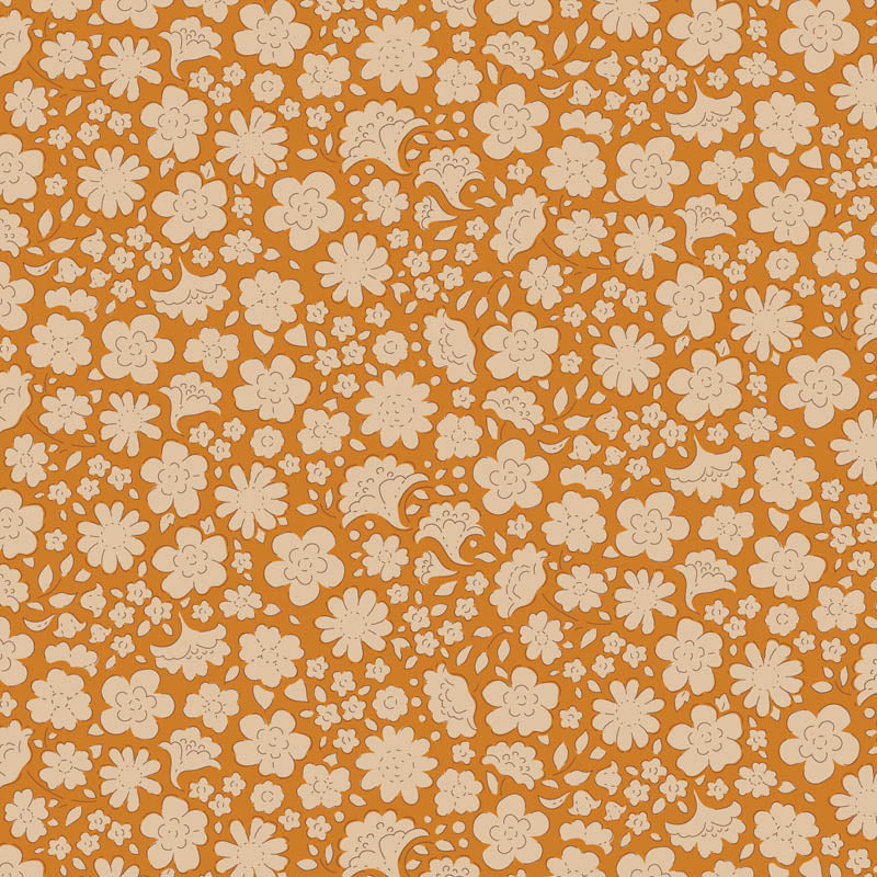 Pattern Carla Saffron: A stylized floral or geometric pattern on a saffron background from The Tilda Creating Memories Autumn collection (part of the Seasonal Basics range) features 16 small-patterned fabrics in warm tones of ginger, saffron, brown, and rust, with touches of blue-grey and khaki. Designed by Tone Finnanger, the collection blends 9 printed and 7 woven cotton designs—including dainty florals, delicate stripes, and timeless plaids—ideal for quilting, softies, and  crafting.