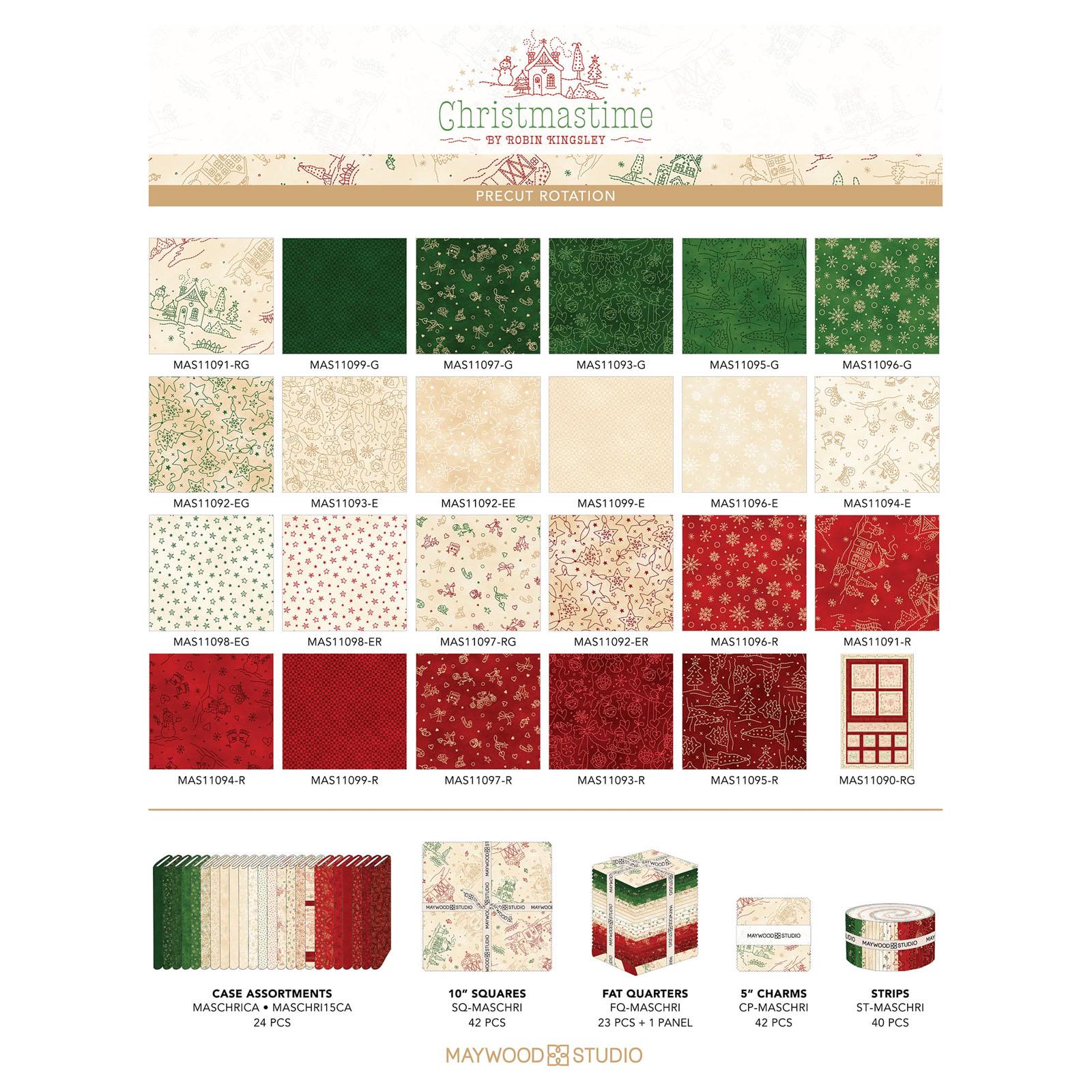 The Christmastime fabric collection by Robin Kingsley for Maywood Studio captures the charm of a country Christmas. The line features nostalgic redwork and greenwork motifs in a classic color palette of mottled cream, red, and green. - 2 1/2" precut Strips / Jellyroll include 40 pieces, patterns repeated.