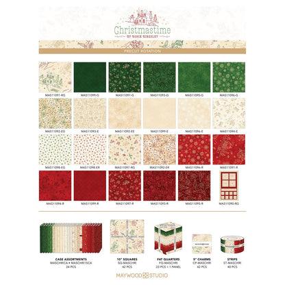 The Christmastime fabric collection by Robin Kingsley for Maywood Studio captures the charm of a country Christmas. The line features nostalgic redwork and greenwork motifs in a classic color palette of mottled cream, red, and green. - 2 1/2" precut Strips / Jellyroll include 40 pieces, patterns repeated.