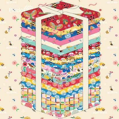 Cotton Fabric fat quarter bundle of colorful floral and vintage themed coordinating patterns on various colored backgrounds