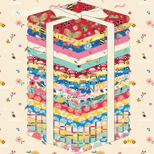 Cotton Fabric fat quarter bundle of colorful floral and vintage themed coordinating patterns on various colored backgrounds