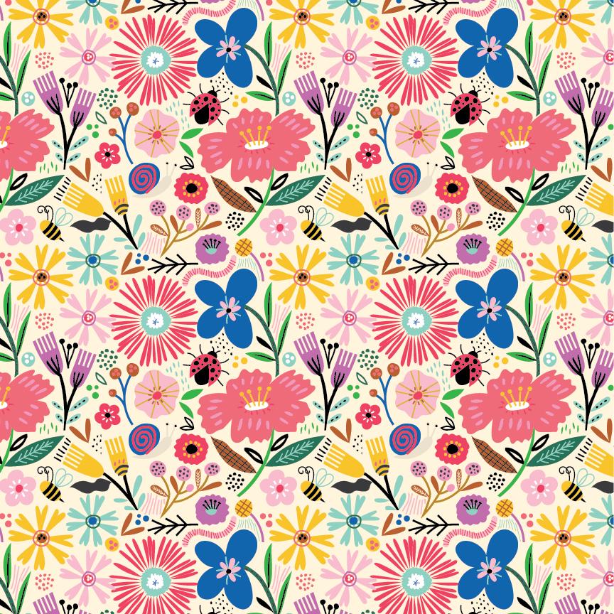 cotton fabric colorful whimsical floral pattern with various flowers and ladybugs on a white background 