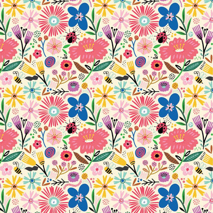 cotton fabric colorful whimsical floral pattern with various flowers and ladybugs on a white background 