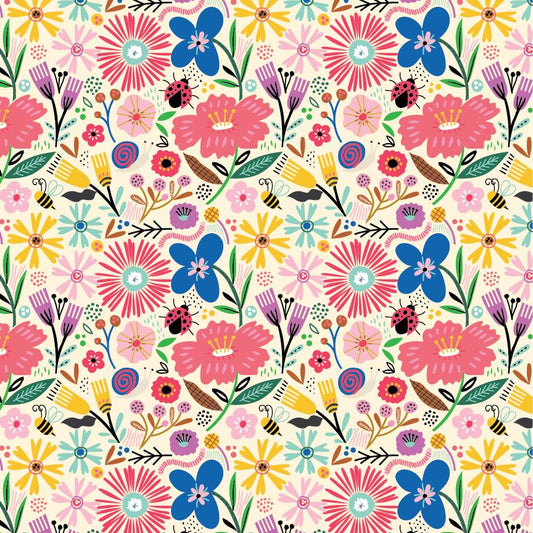cotton fabric colorful whimsical floral pattern with various flowers and ladybugs on a white background 