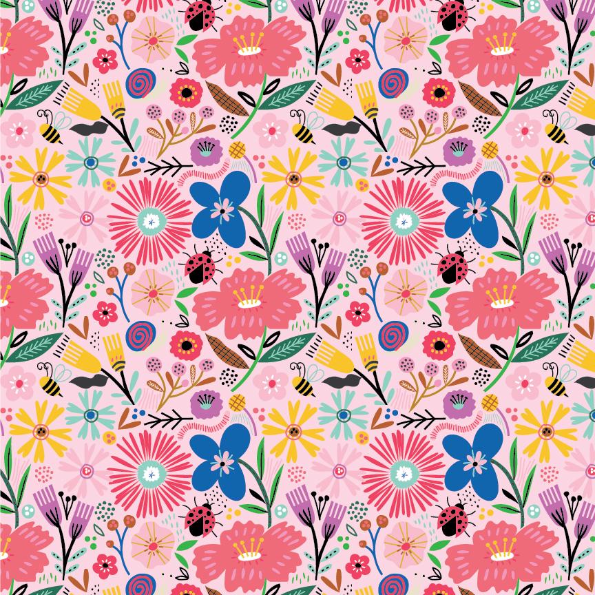 cotton fabric colorful whimsical floral pattern with ladybugs on a pink background